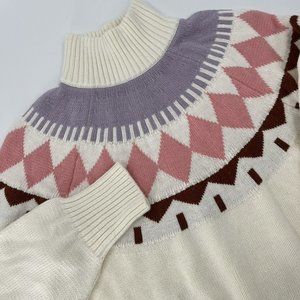 Free Assembly Women's Large Fair Isle Turtleneck Sweater Cream Geometric Pattern
